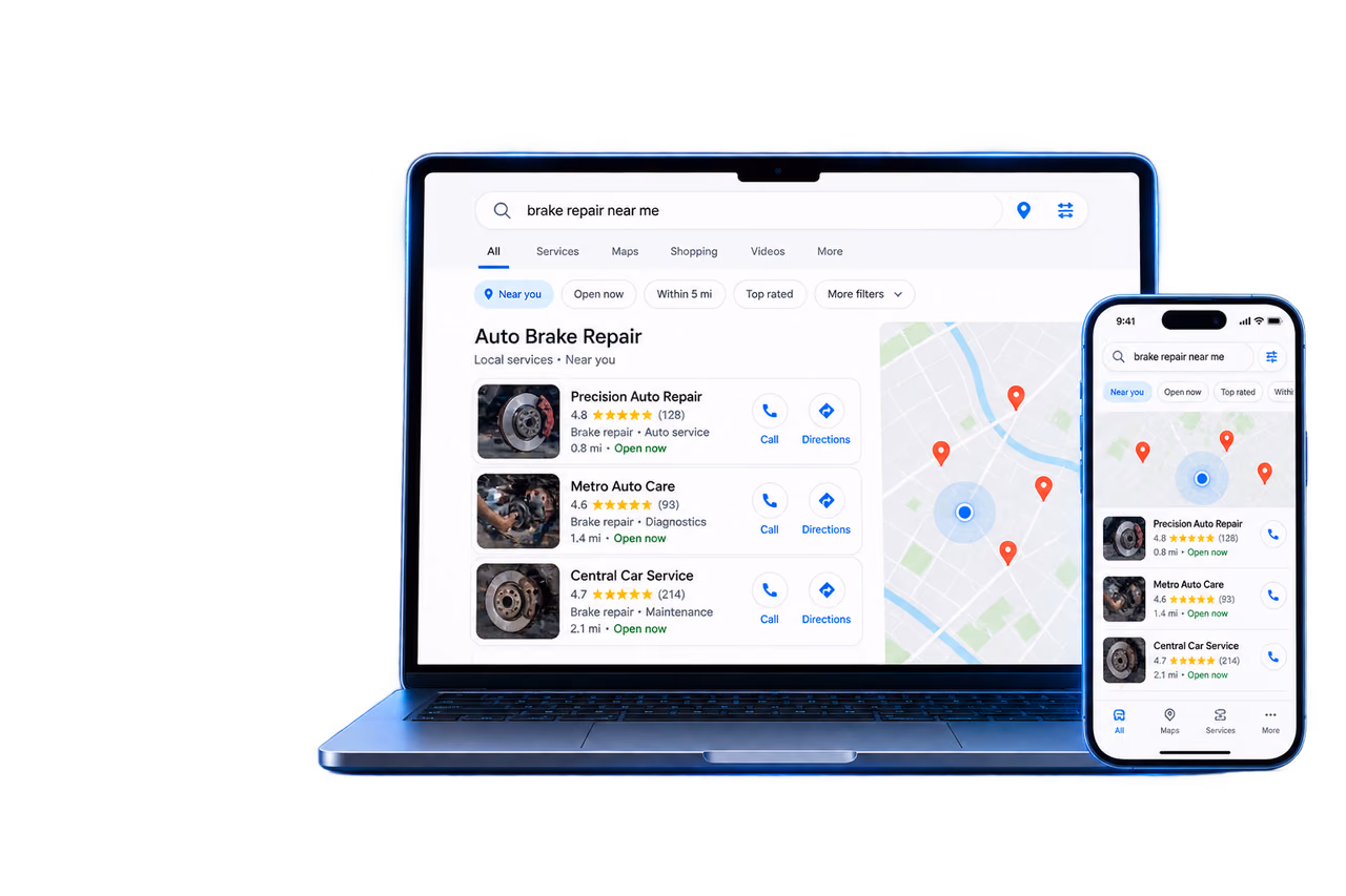 Laptop and phone displaying illustrative automotive search results
