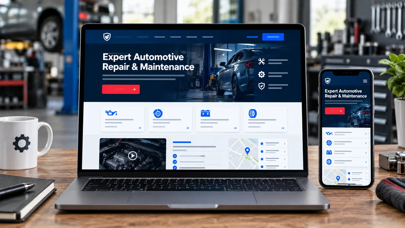 Illustrative automotive service website shown on a laptop
