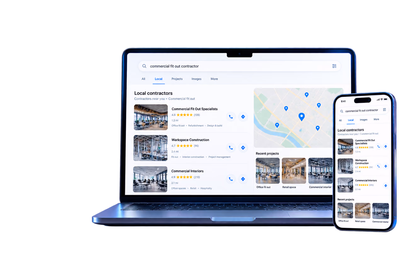 Laptop and phone displaying illustrative construction search results