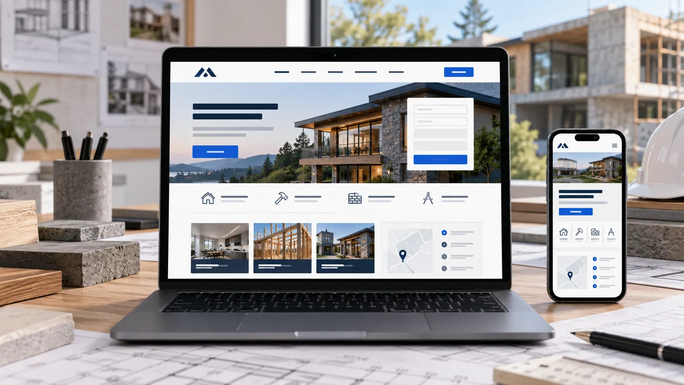 Illustrative construction and roofing website shown on a laptop