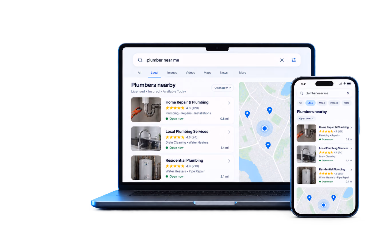 Illustrative home-services search results shown on devices