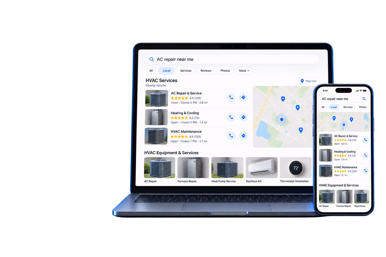 Illustrative HVAC search results shown on devices
