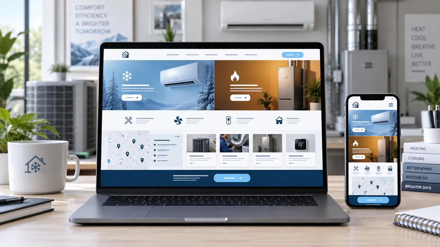 Illustrative HVAC service website shown on a laptop