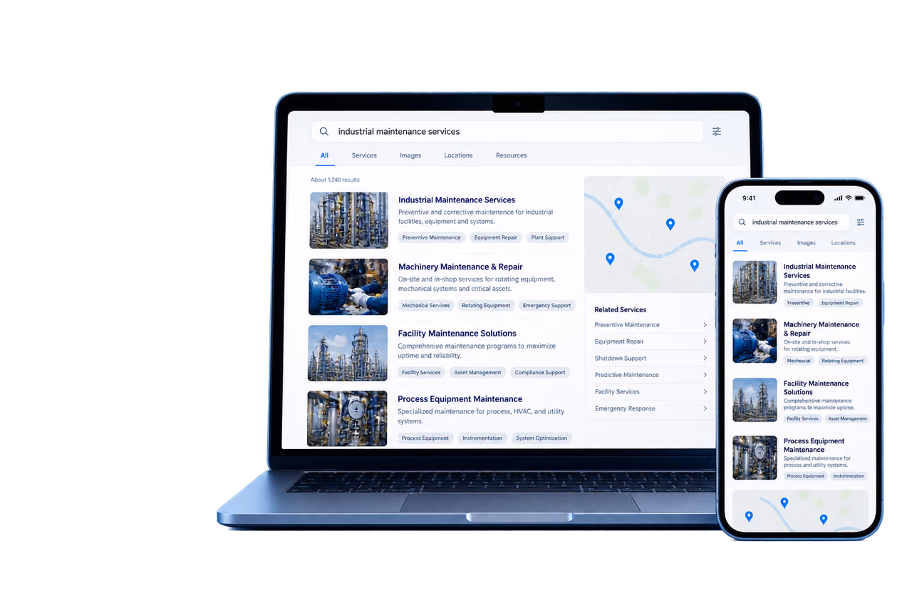 Illustrative industrial B2B search results shown on devices