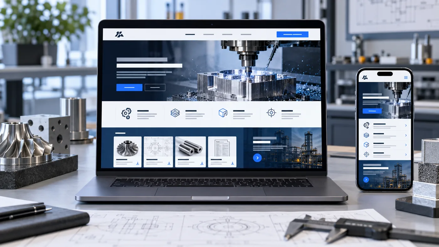 Illustrative industrial B2B website shown on a laptop