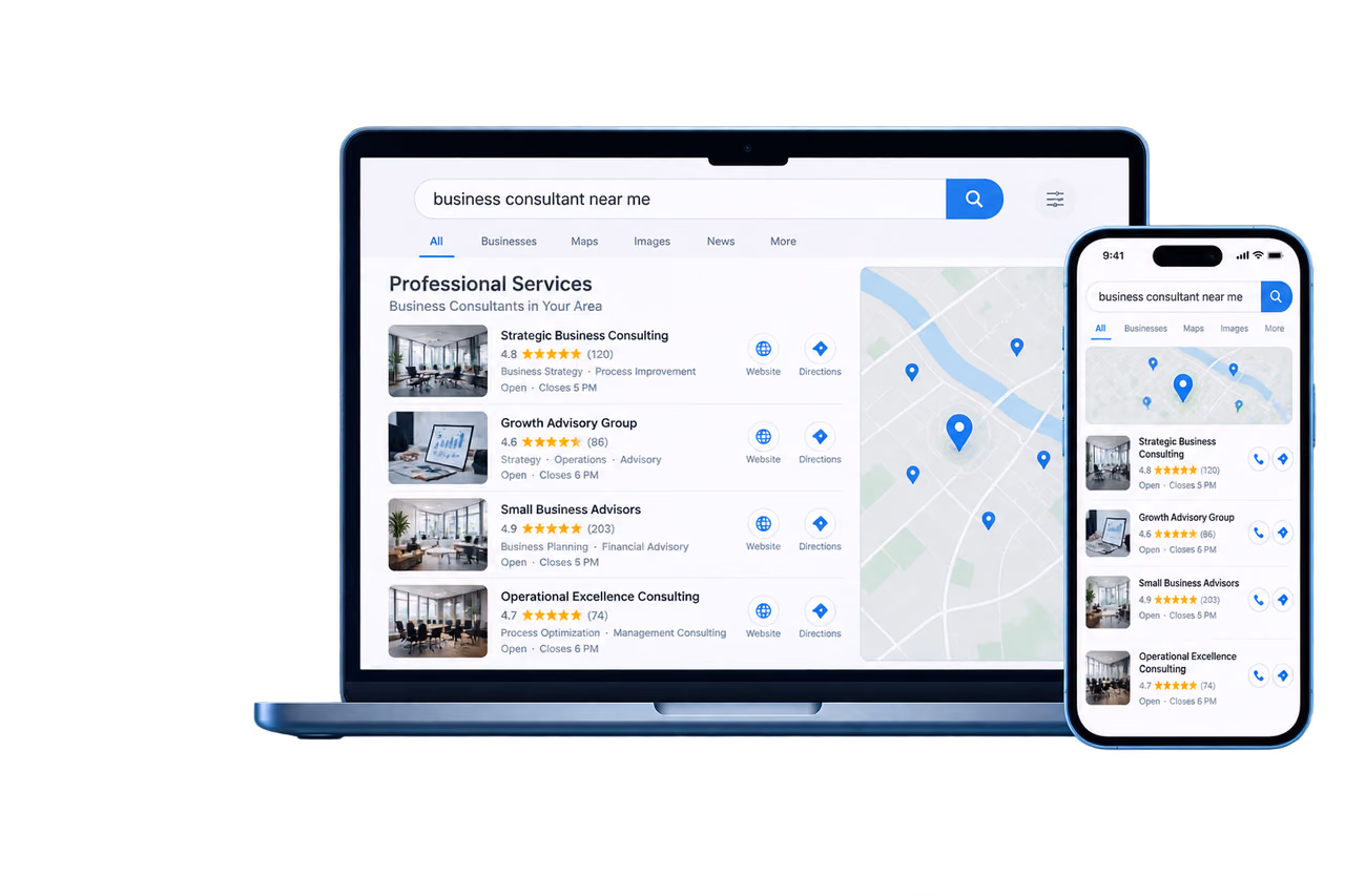 Laptop and phone displaying illustrative professional services search results
