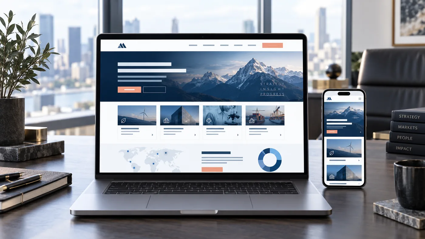 Illustrative professional-services website on a laptop