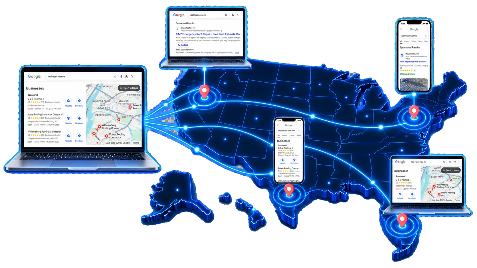 Illustrative pSEO system connecting a core service to Google search result pages across the United States